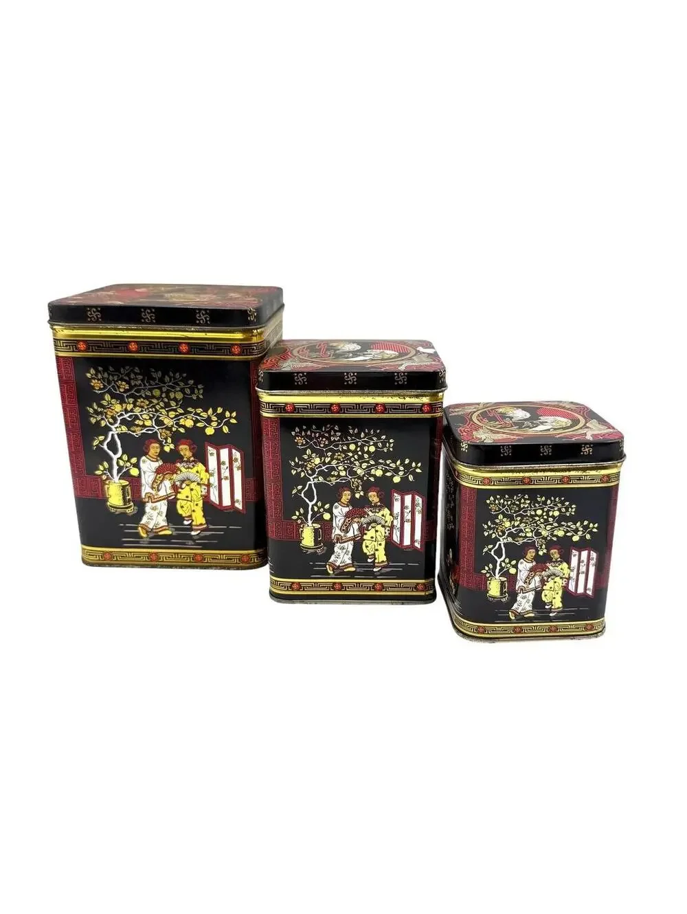 Vintage Nesting Tea Tins: Asian Design, Black & Gold Storage, Set of 3